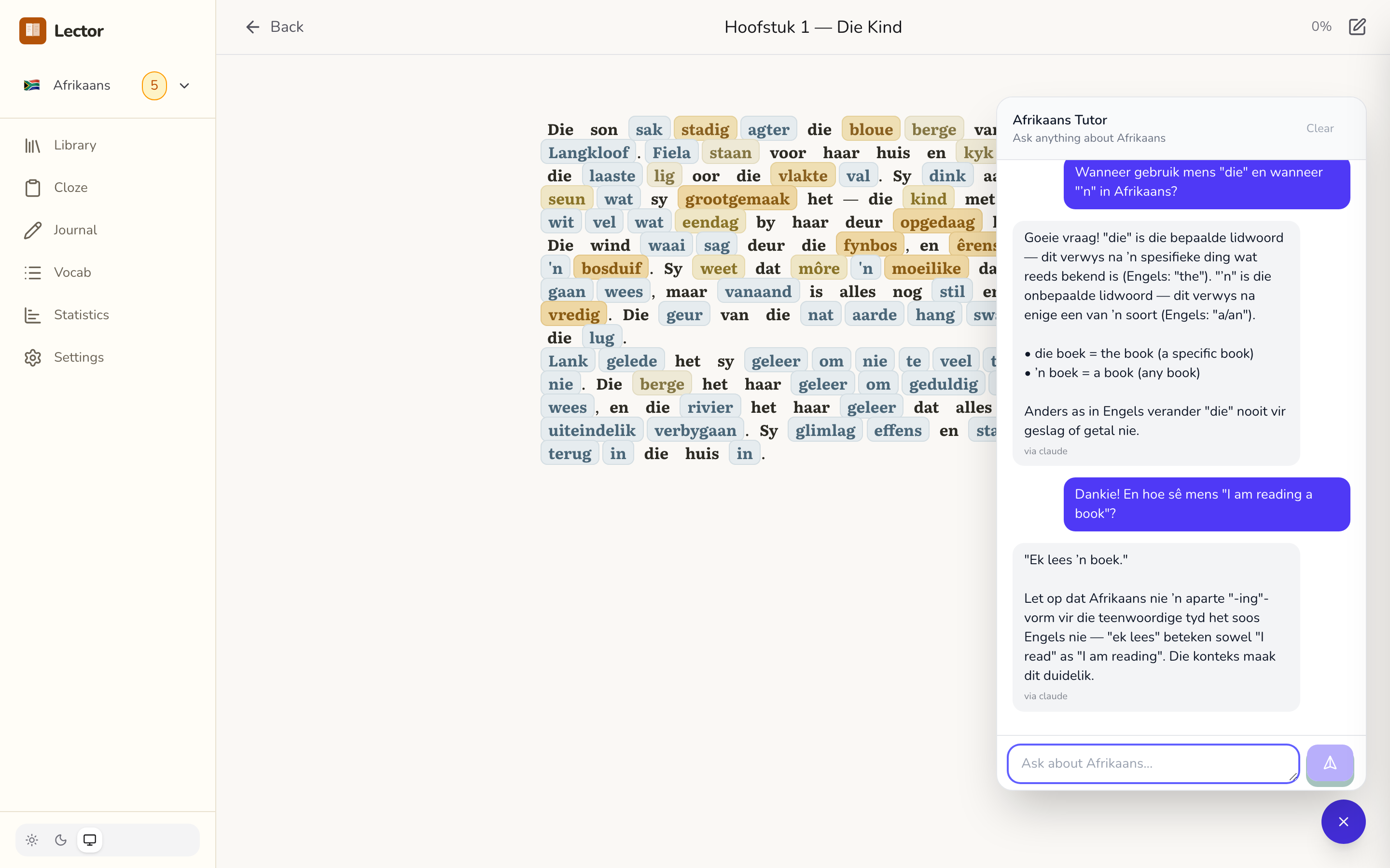 LLM tutor chat showing a grammar conversation