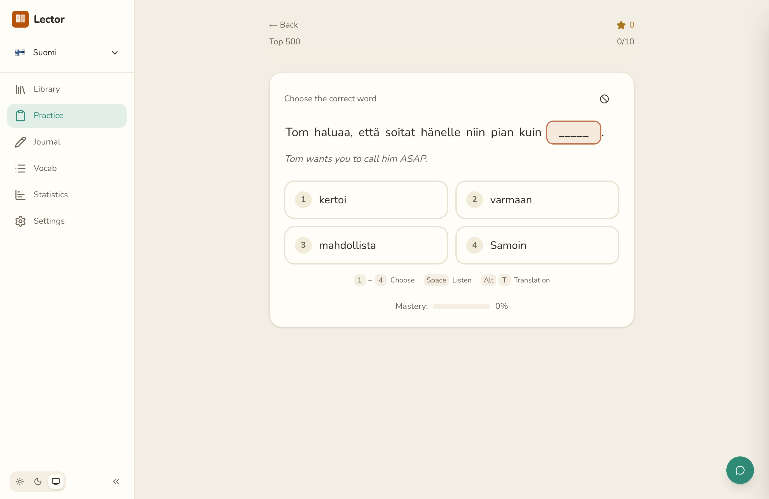 Finnish cloze practice in Lector with multiple-choice options