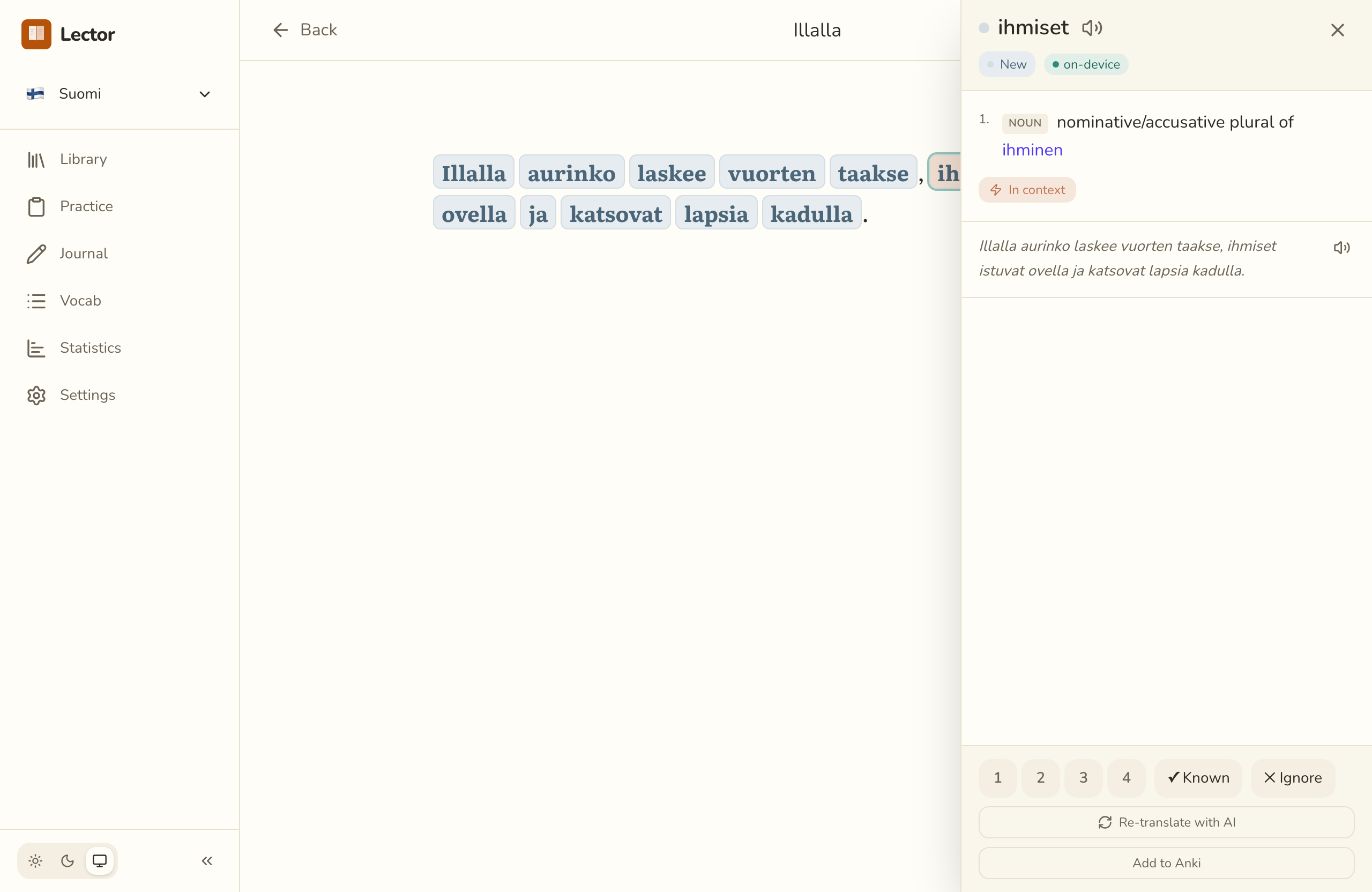 Lector reading a Finnish passage with colour-coded word states and click-to-translate