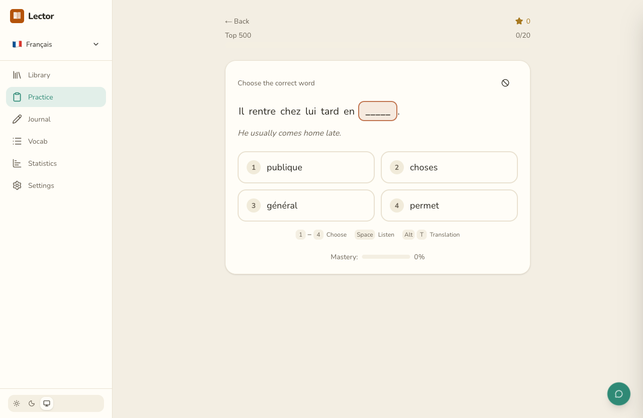 French cloze practice in Lector with multiple-choice options