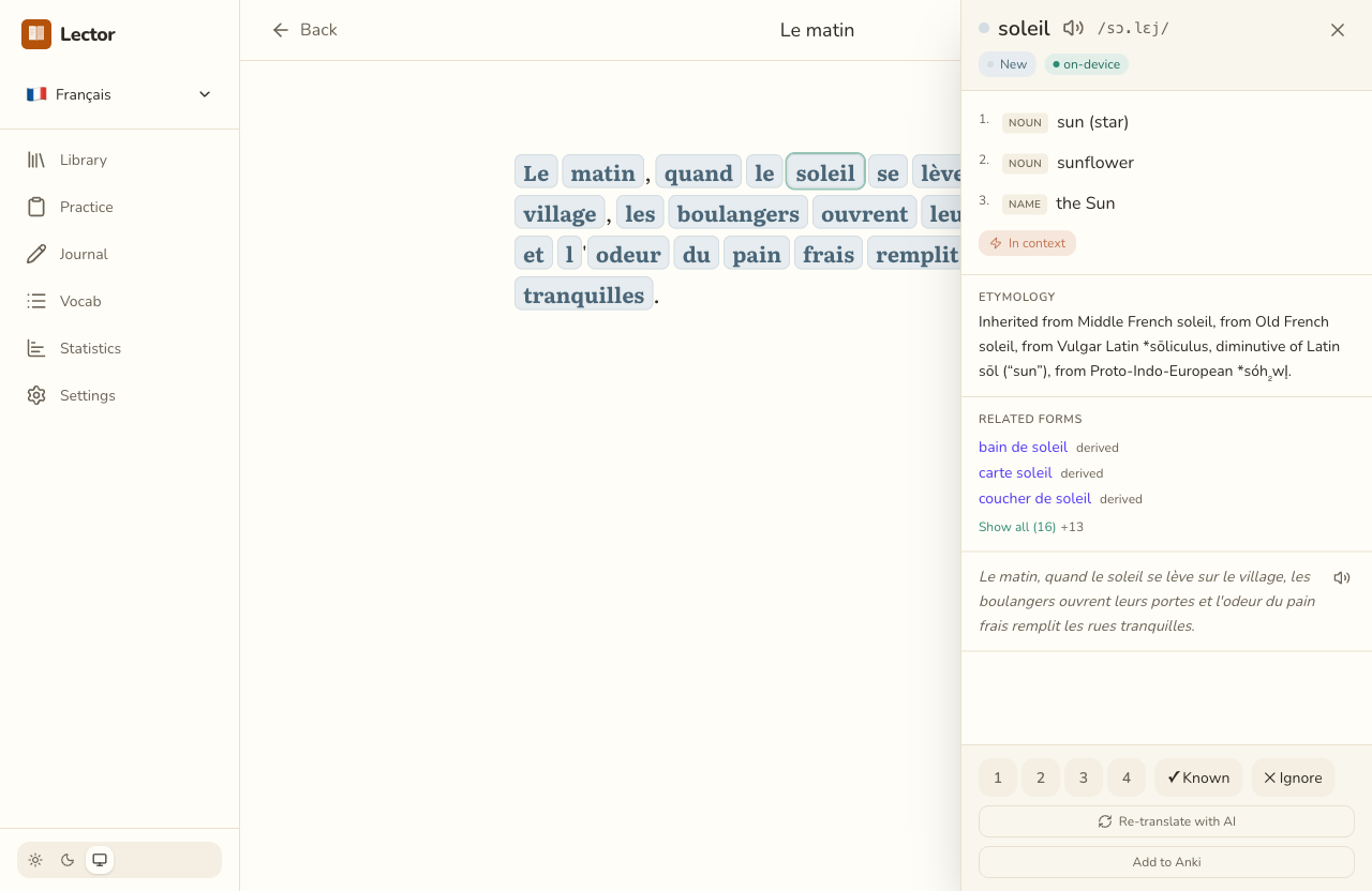 Lector reading a French passage with colour-coded word states and click-to-translate