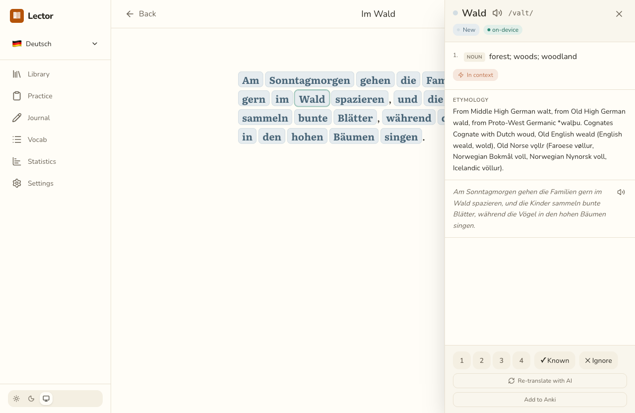 Lector reading a German passage with colour-coded word states and click-to-translate