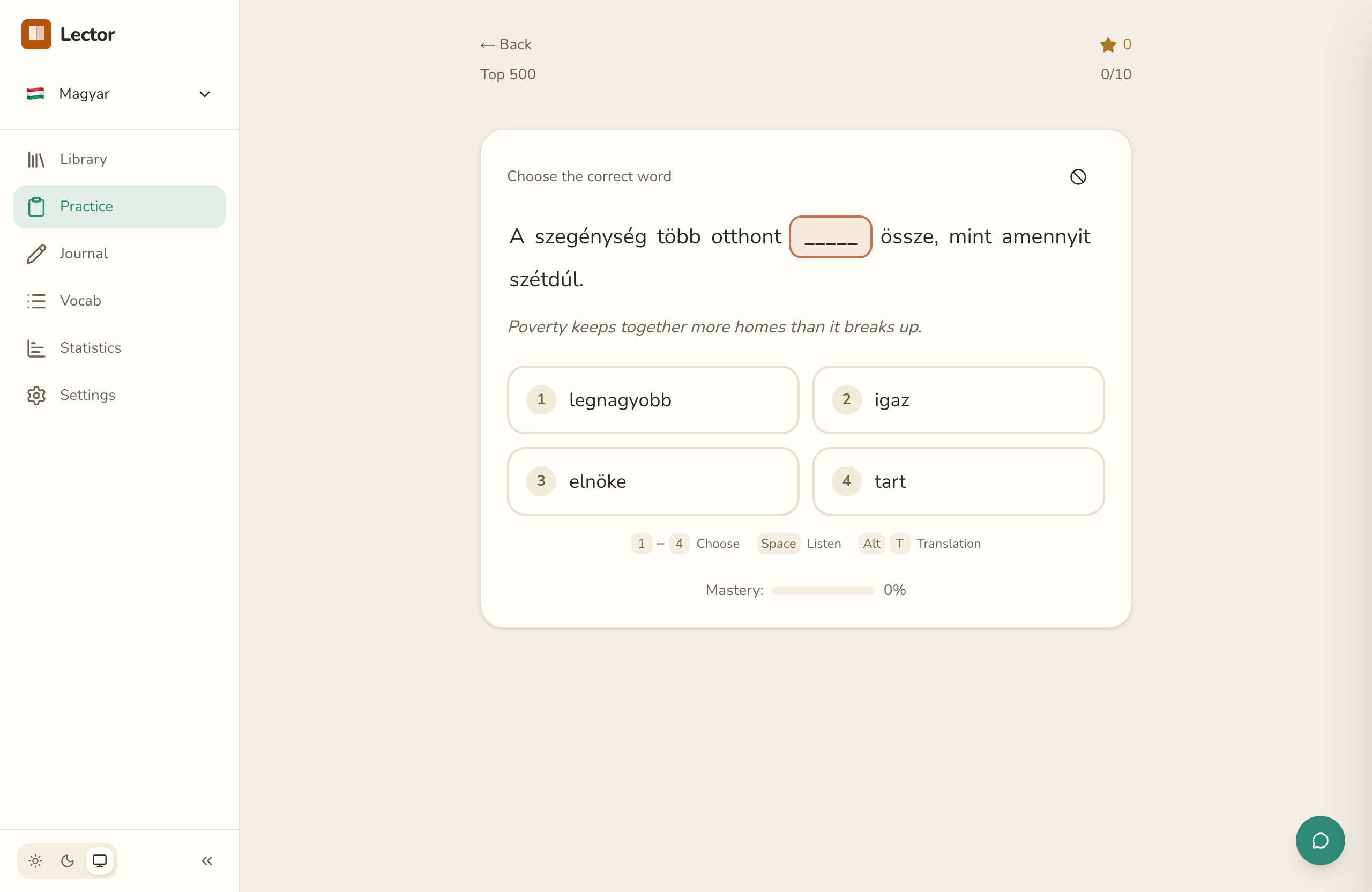 Hungarian cloze practice in Lector with multiple-choice options