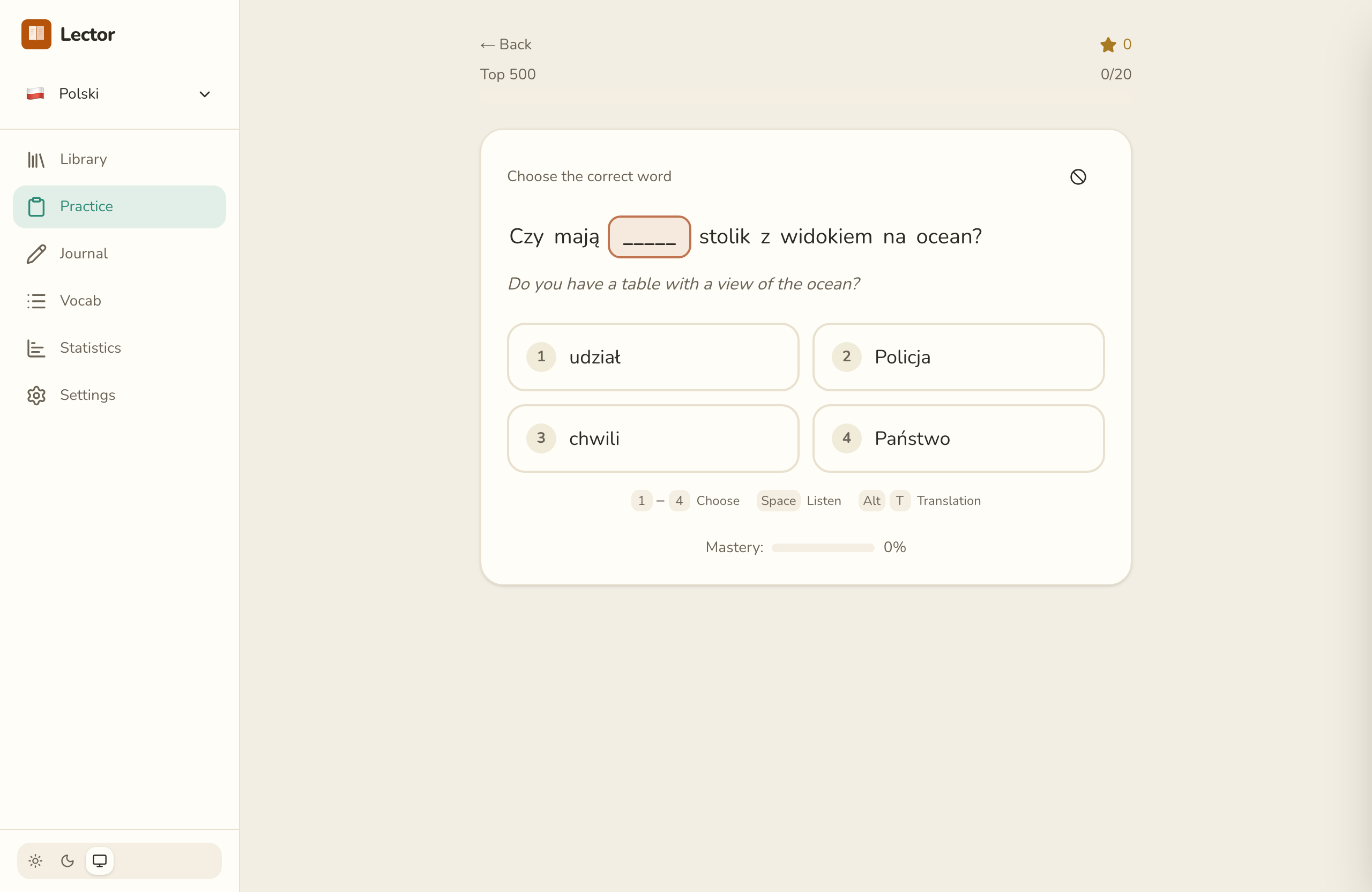 Polish cloze practice in Lector with multiple-choice options