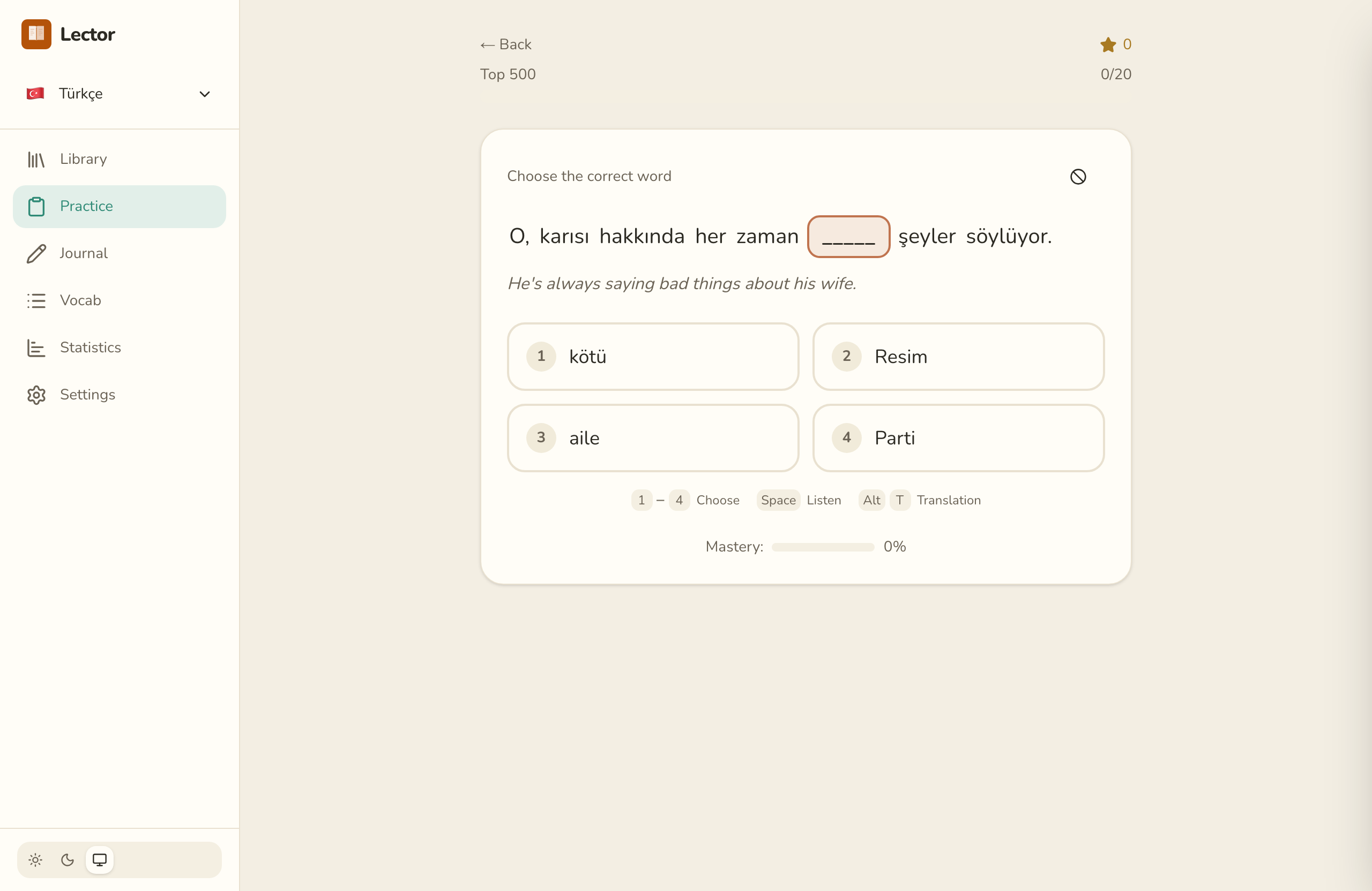 Turkish cloze practice in Lector with multiple-choice options