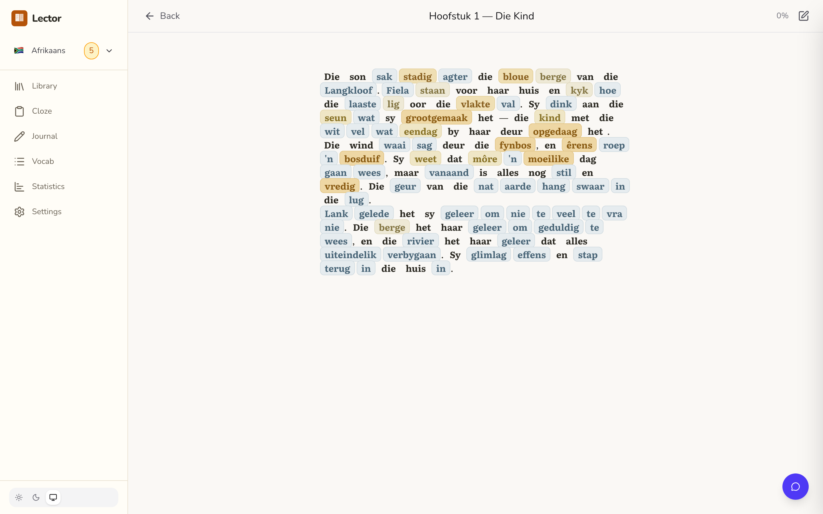Lector reader view with click-to-translate and word-state colouring